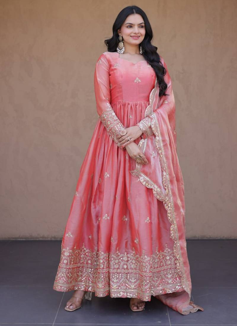 Peach pink embroidered fendi silk gwon with dupatta