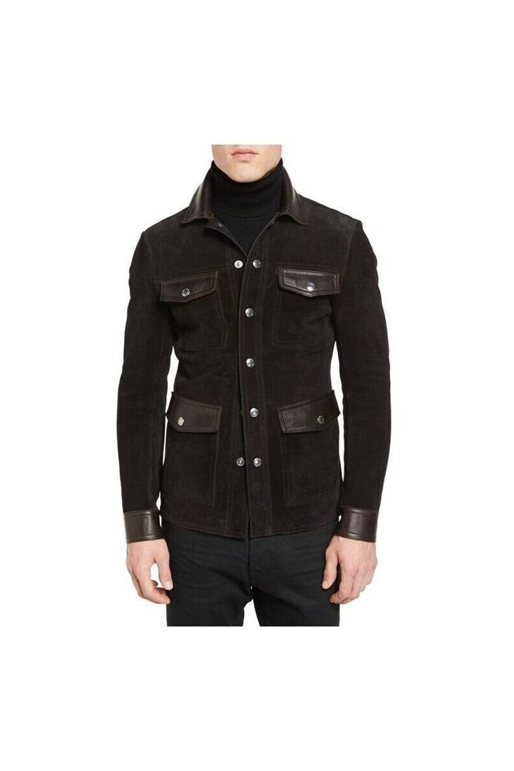 Men's brown leather flap pocket style jacket premium finish
