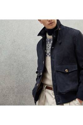 Men's genuine suede leather fashion outerwear navy blue button jacket 1
