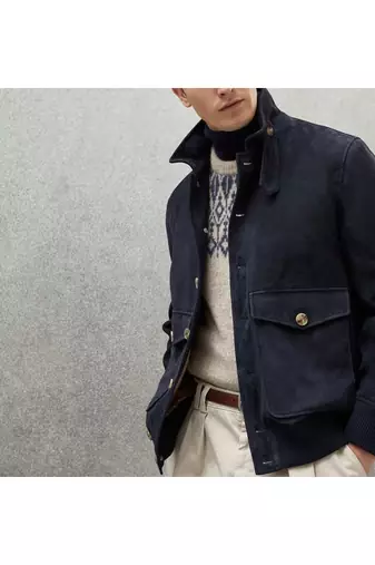 Men's genuine suede leather fashion outerwear navy blue button jacket