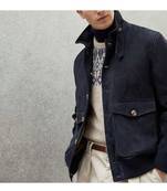 Men's genuine suede leather fashion outerwear navy blue button jacket