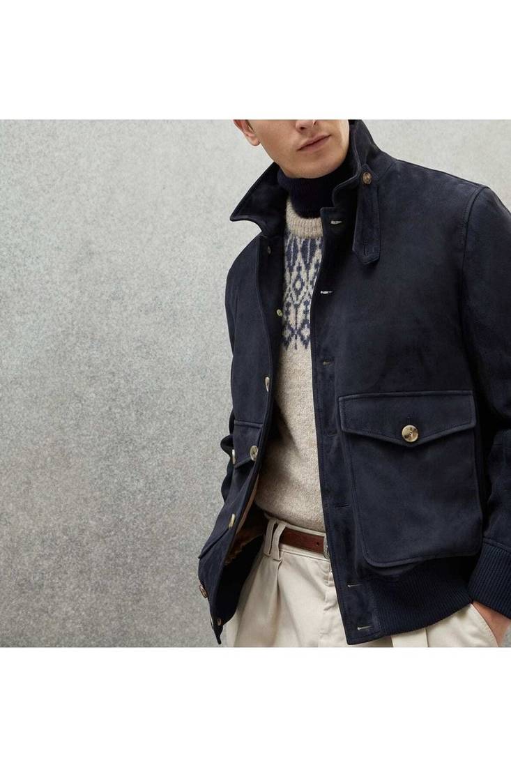 Men's genuine suede leather fashion outerwear navy blue button jacket