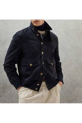 Men's genuine suede leather fashion outerwear navy blue button jacket 2
