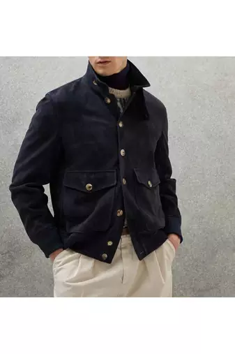 Men's genuine suede leather fashion outerwear navy blue button jacket