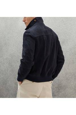 Men's genuine suede leather fashion outerwear navy blue button jacket 3