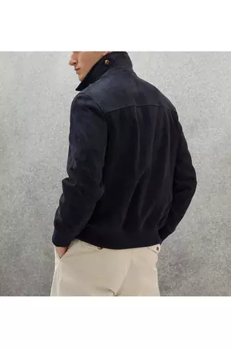 Men's genuine suede leather fashion outerwear navy blue button jacket