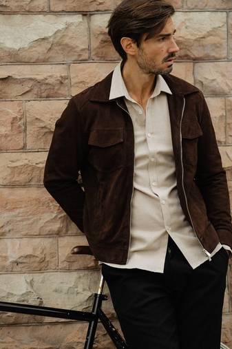 Men's genuine suede leather casual style brown jacket