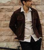 Men's genuine suede leather casual style brown jacket