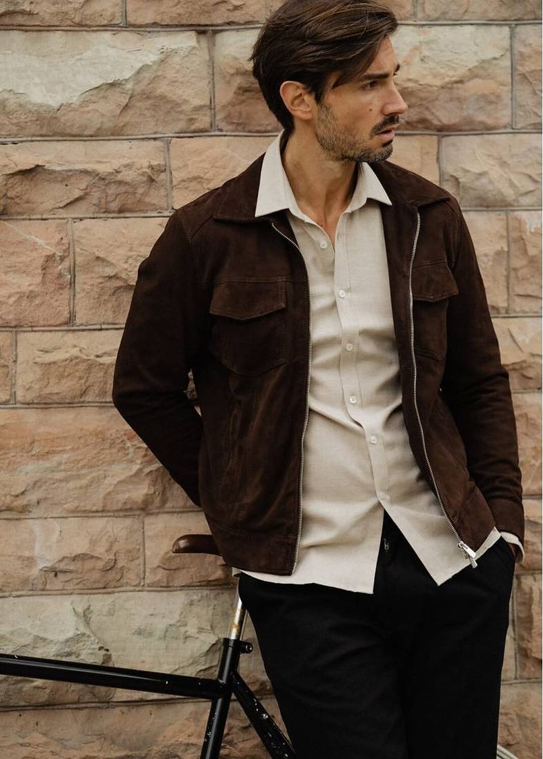 Men's genuine suede leather casual style brown jacket