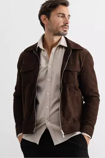 Men's genuine suede leather casual style brown jacket