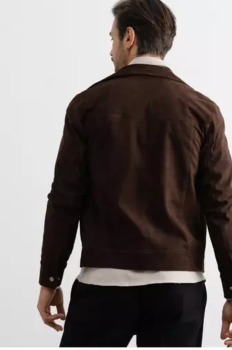 Men's genuine suede leather casual style brown jacket