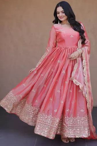 Peach pink embroidered fendi silk gwon with dupatta