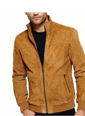 Men's brown suede leather modern fit bomber jacket 1