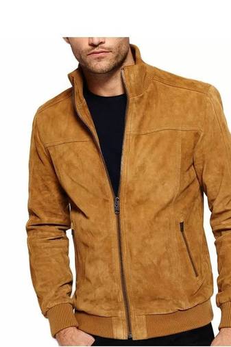 Men's brown suede leather modern fit bomber jacket