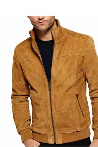 Men's brown suede leather modern fit bomber jacket