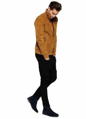 Men's brown suede leather modern fit bomber jacket 2