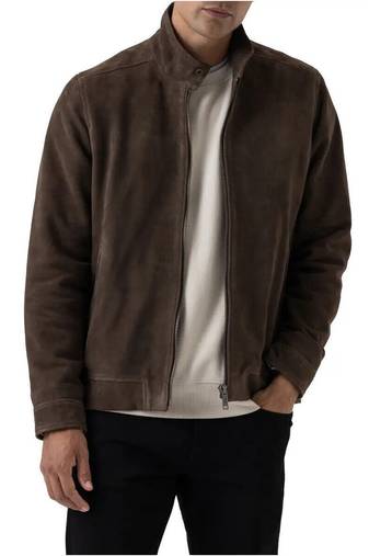 Men's brown suede leather tailored look cafe racer biker jacket
