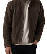 Men's brown suede leather tailored look cafe racer biker jacket