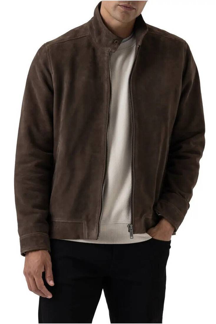 Men's brown suede leather tailored look cafe racer biker jacket