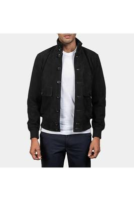 Men's black suede leather bomber biker jacket street style 1