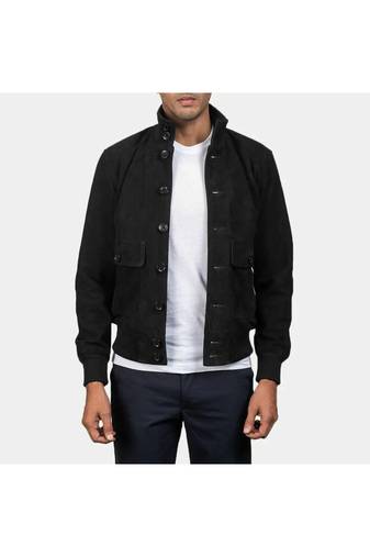 Men's black suede leather bomber biker jacket street style
