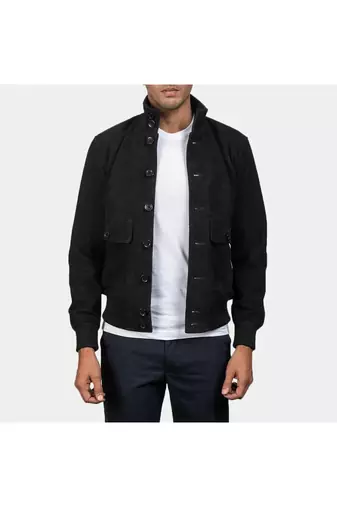 Men's black suede leather bomber biker jacket street style