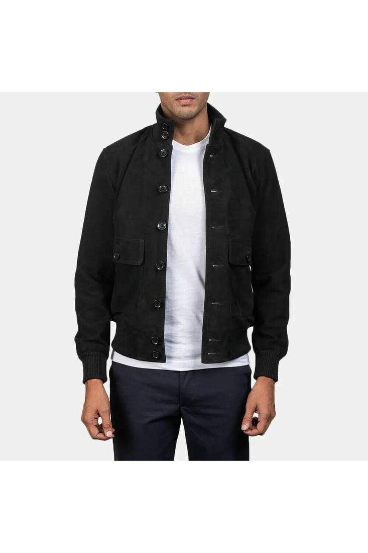 Men's black suede leather bomber biker jacket street style