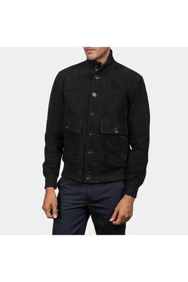 Men's black suede leather bomber biker jacket street style 2