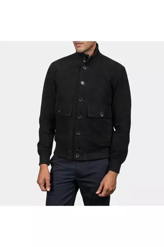 Men's black suede leather bomber biker jacket street style