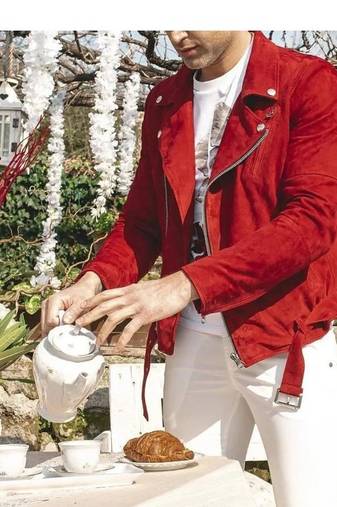 Men's red suede leather timeless style cafe racer biker jacket