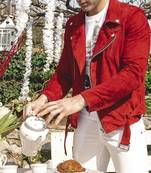 Men's red suede leather timeless style cafe racer biker jacket