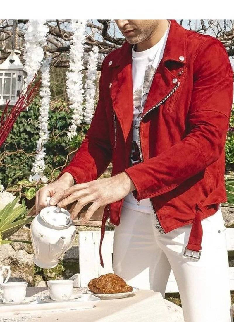 Men's red suede leather timeless style cafe racer biker jacket