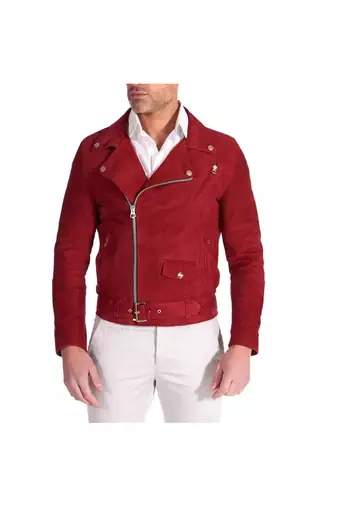 Men's red suede leather timeless style cafe racer biker jacket