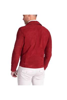 Men's red suede leather timeless style cafe racer biker jacket 4