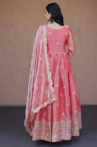 Peach pink embroidered fendi silk gwon with dupatta