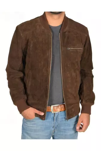 Men's brown suede leather motorcycle style bomber jacket