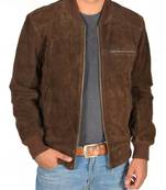 Men's brown suede leather motorcycle style bomber jacket