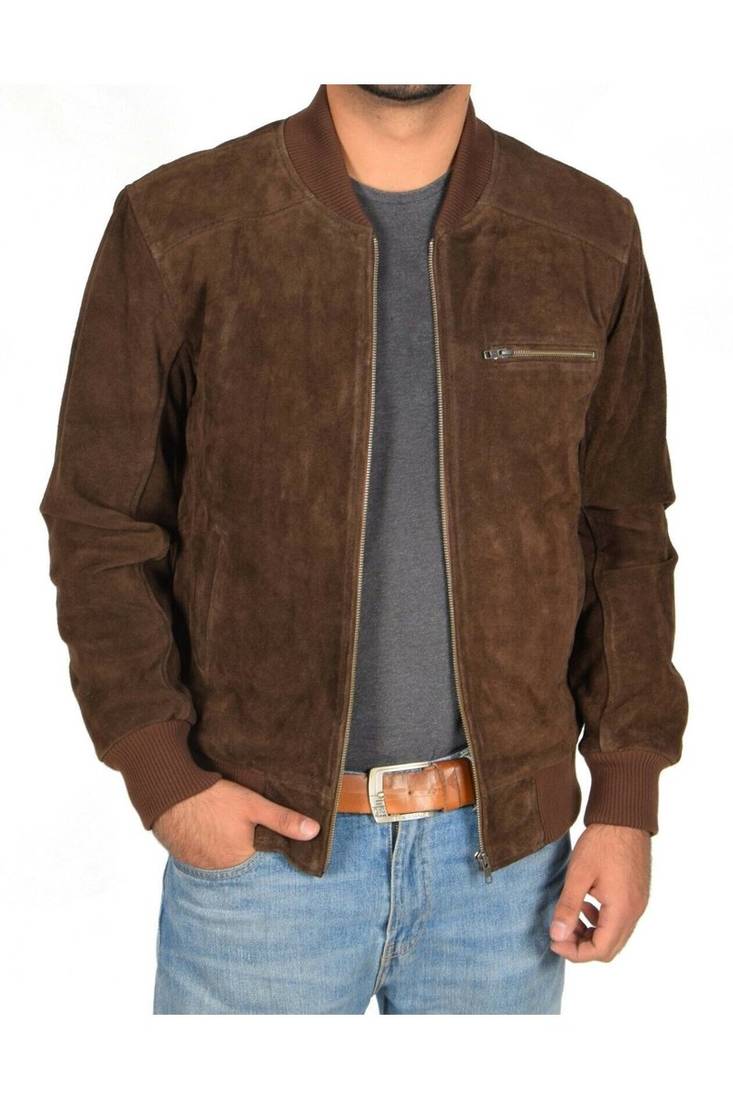 Men's brown suede leather motorcycle style bomber jacket