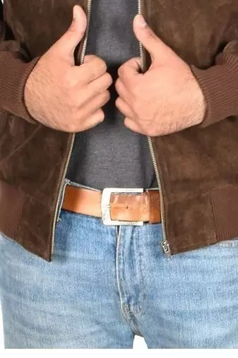 Men's brown suede leather motorcycle style bomber jacket