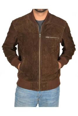 Men's brown suede leather motorcycle style bomber jacket 3