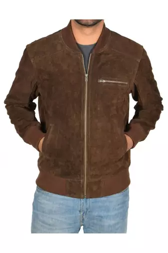 Men's brown suede leather motorcycle style bomber jacket