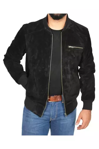 Men's black suede leather minimal design bomber jacket