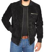 Men's black suede leather minimal design bomber jacket