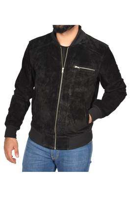 Men's black suede leather minimal design bomber jacket 2