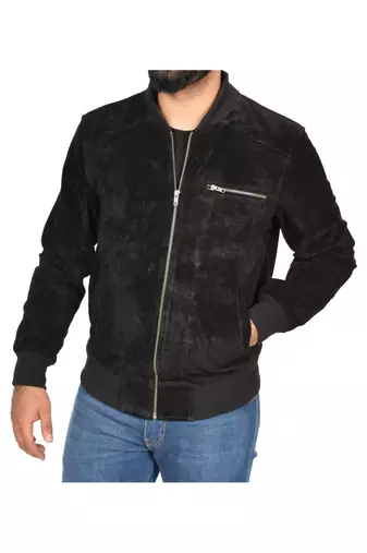 Men's black suede leather minimal design bomber jacket