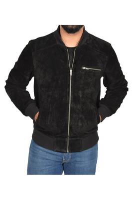 Men's black suede leather minimal design bomber jacket 3