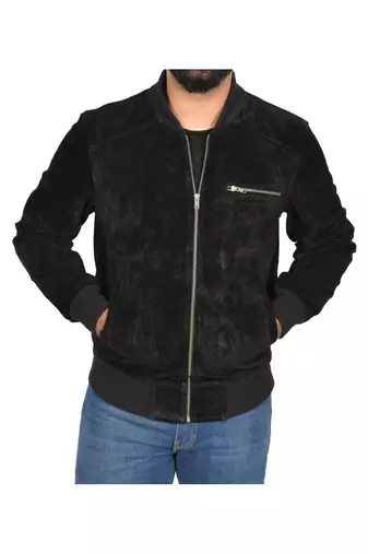 Men's black suede leather minimal design bomber jacket