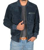 Men's navy blue leather premium quality bomber jacket