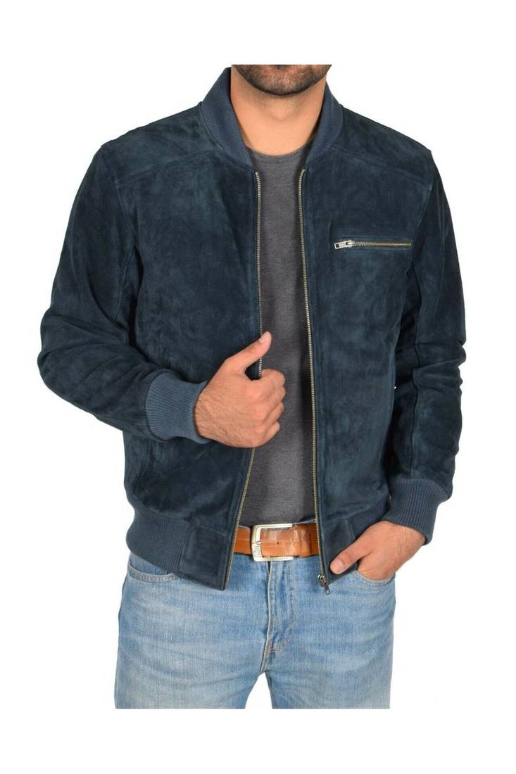 Men's navy blue leather premium quality bomber jacket