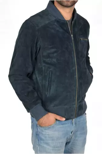 Men's navy blue leather premium quality bomber jacket
